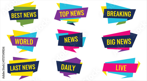 Vector art of news banner set of colorful geometric labels for breaking, top, best, last, big, live, daily, world news vector illustration for journalism and media