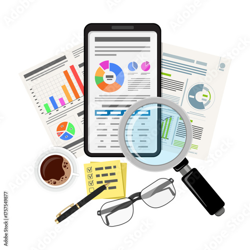 Analyze business reports and statistics on a tablet, review financial data using a magnifier, with a coffee and notepad for planning and strategy