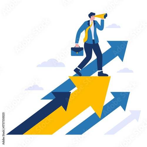 Visionary leader charting future growth with strategic foresight, climbing arrows, and optimistic outlook for professional success and expansion