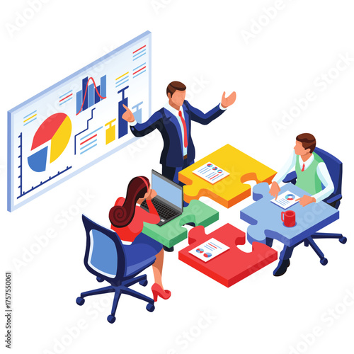 Dynamic business team collaborating on jigsaw puzzle meeting, discussing data analytics and pie charts for strategic success, modern teamwork concept