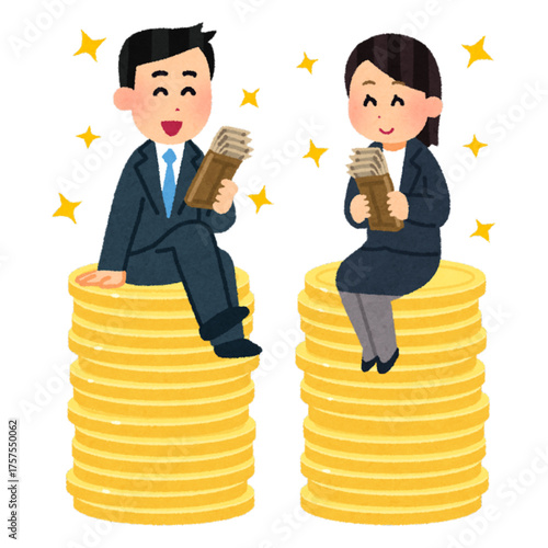 Delighted business partners celebrate financial success, sitting atop gold coin stacks, exuding optimism and shared wealth, ideal for finance and teamwork themes
