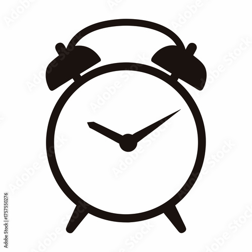 A simple black and white alarm clock illustration on a white background