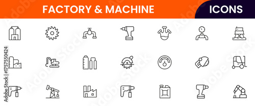 Factory & Machine vector web line icon collection, sleek illustrations of industrial tools, EV production, and automated manufacturing systems.