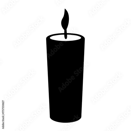 Simple candle with a flame, solid black silhouette on white background