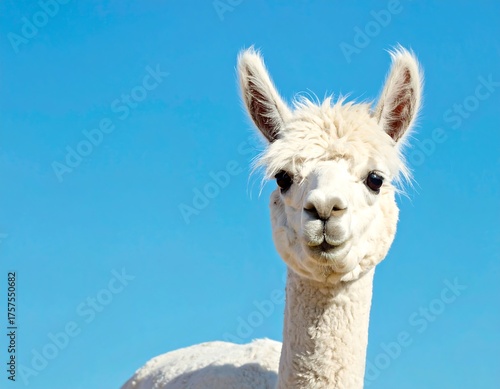Close-up of a white alpaca against a clear blue sky on a sunny day.