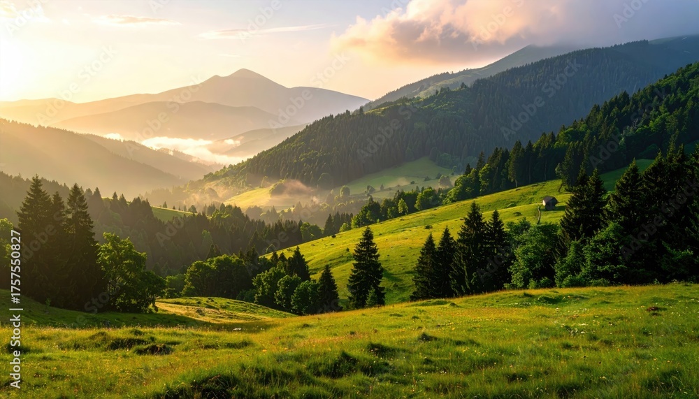 Naklejka premium Misty Mountain Landscape at Sunrise with Golden Sunlight Illuminating Green Rolling Hills and Scattered Trees