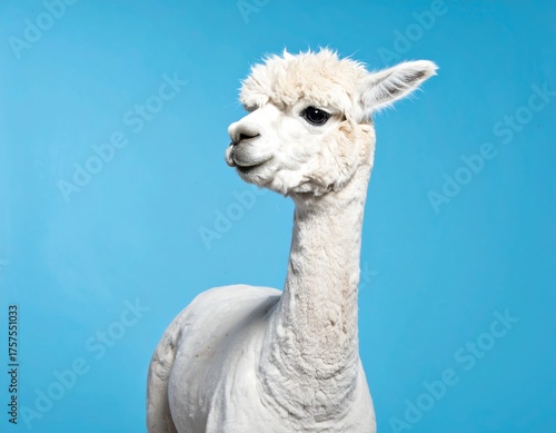 Close-up of a white alpaca against a blue background.
