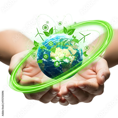 Hands Gently Holding Planet Earth Surrounded by Green Energy Ring Symbolizing Environmental Protection Global Sustainability or Eco Stewardship, png
