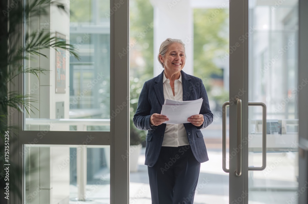 Fototapeta premium Smiling patient exits bright hospital lobby into sunlight filled with renewal and quiet optimism