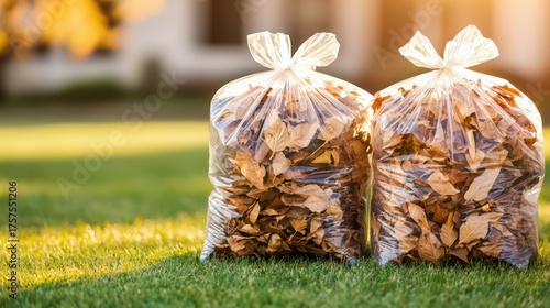 Two clear bags filled with dried leaves sit on a grassy lawn, basking in warm sunlight, representing autumn cleanup and waste management.