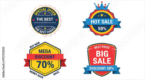 Vector art of collection of vector badges for sales promotion set of discount labels with different shapes and colors special offer, hot sale, mega discount, big sale
