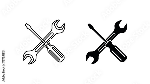Crossed Screwdriver And Wrench Line Art And Silhouette