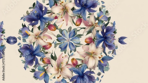 Elegant circle of vibrant flowers featuring blue and pink blooms for artistic design