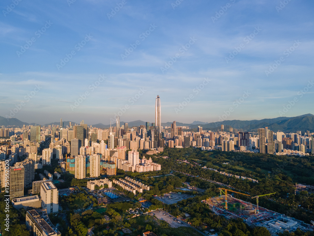 Fototapeta premium Aerial Photography of Sunset in Futian Central District, Shenzhen, Guangdong Province 