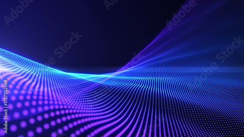 Abstract futuristic digital waves background. Purple and blue waves of neon glowing particles flowing with bokeh. Information technology concept, data science, AI. Gradient waves.