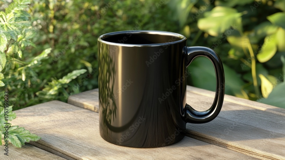 Obraz premium Black mug on wooden table in garden setting sunlight reflection