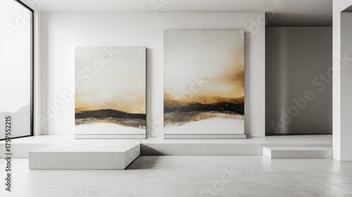 Abstract beige and brown landscape paintings on white platforms modern minimalist interior art