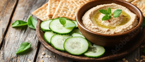 Creamy hummus with cucumber and crackers rustic wooden setting
