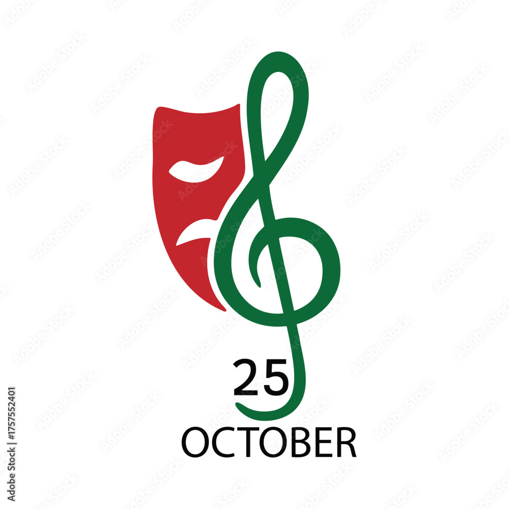 Fototapeta premium Red theater mask and green treble clef with October 25th date on white background comedy tragedy