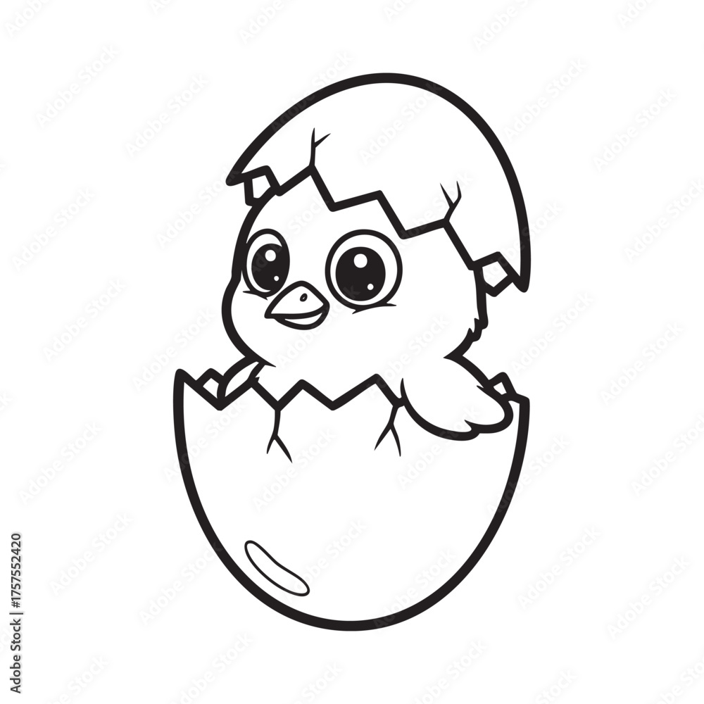 Obraz premium Cute chick hatching from a cracked egg in black and white outline bird baby bird