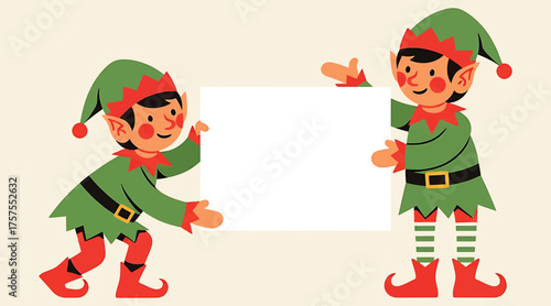 Vector art of two cheerful christmas elves holding a blank sign, perfect for holiday greetings, announcements, or festive messages