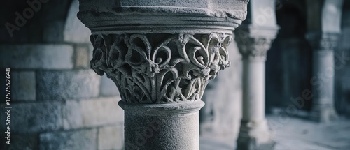 Intricate stone column carving architectural detail floral motif gray texture history heritage