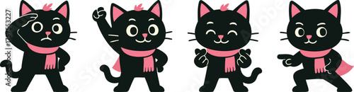 Cute black cat mascot in four expressive poses: salute, raised fist, finger heart, and pointing, wearing a pink scarf; flat vector cartoon set for stickers, branding, and kids designs.