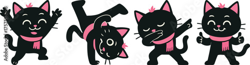 Cute black cat mascot in playful poses: arms up, handstand, dab, and thumbs up, wearing a pink scarf; flat vector cartoon character set for stickers, branding, and kids designs.