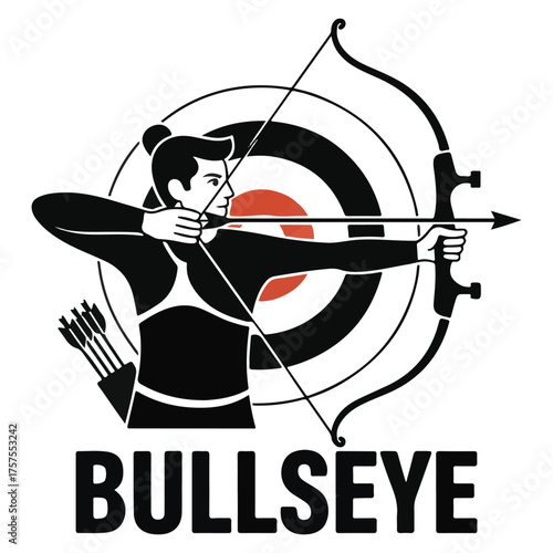 Archer aiming a bow and arrow at a bullseye target, isolated on white background
