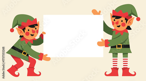 Vector art of two cheerful christmas elves holding a blank sign, perfect for holiday greetings, messages, or promotional content with a festive theme