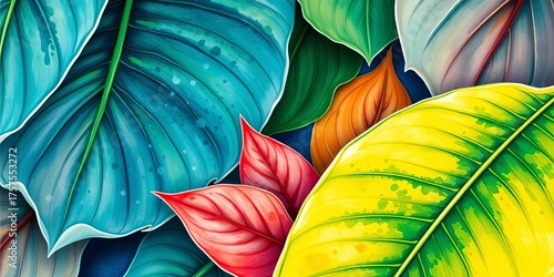 Vibrant watercolor painting of lush tropical leaves, showcasing intricate details and texture,  green,  art