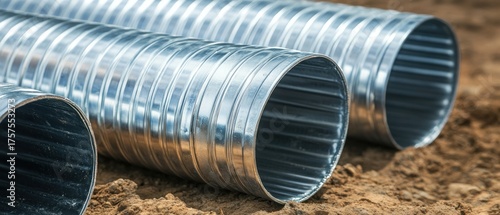 Silver corrugated metal pipes on ground industrial construction site
