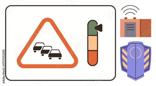 Cars in congestion triangle warning, progress indicator, and safety shield with wireless tech. Ideal for navigation, alert system, safety apps, transport, guidance, automation simple flat metaphor