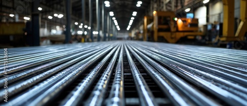 Parallel metal rods in industrial facility close up view