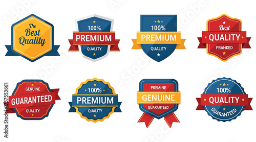 Vector art of a collection of eight assorted badge designs showcasing premium quality and guarantee, , perfect for branding and promotional materials