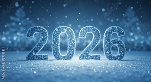 Sparkling numbers 2026 in a winter snowy landscape, symbolizing the arrival of the New Year 2026, ideal for festive greetings, calendars, or holiday promotions.  