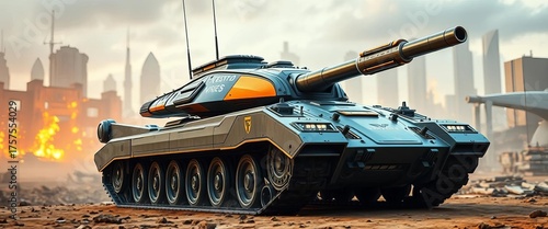 Futuristic tank, sleek design, advanced weaponry, city ruins backdrop,   tracks,  smoke