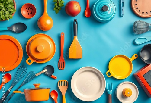 Set of colorful flatlay kitchenware icons, including utensils, cookware, and appliances,  vector,  blender