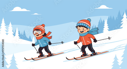 Two happy children enjoying a fun day skiing down a snowy mountain together.