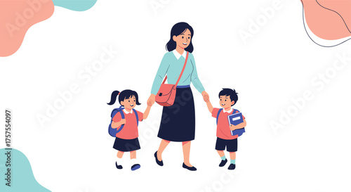 A caring mother escorts her two young children to school carrying their backpacks.