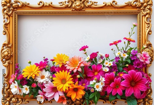 Ornate gold frame overflowing with vibrant summer blooms,  wedding,  vibrant