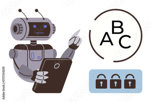 Friendly robot pointing at letters while holding a tablet, next to locked icons. Ideal for education, AI, technology, cybersecurity, data protection, machine learning digital transformation. Simple