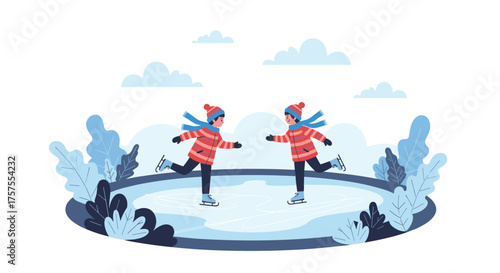 Children enjoying ice skating outdoors during winter with friends.