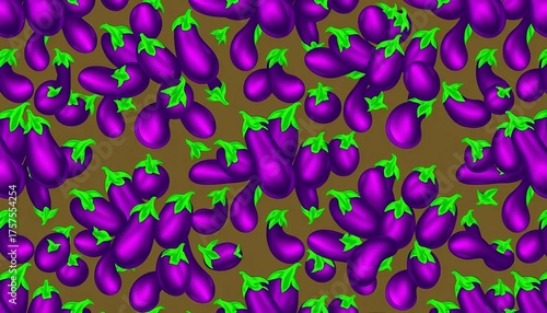 Endless repeating eggplant pattern, purple and green hues, texture, harvest