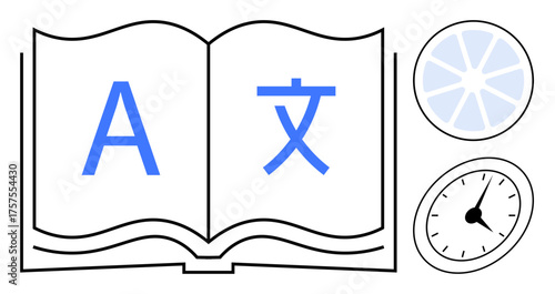 Open book displaying multilingual symbols, alongside a segmented pie chart and analog clock. Ideal for language learning, education, time management, research, analytics, global communication