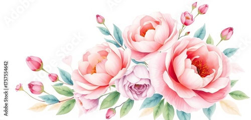 Delicate watercolor botanical illustrations featuring roses, peonies, and leaves in soft pastel hues,  hand painted,  card