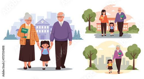Grandparents walking with grandchildren to school on a sunny day.