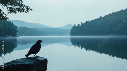 Serene bird silhouette by calm lake and misty mountains
