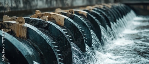 Industrial water flow through pipes dark metal texture and liquid movement