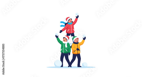 Children happily throwing snowballs forming a pyramid shape on a snowy day.